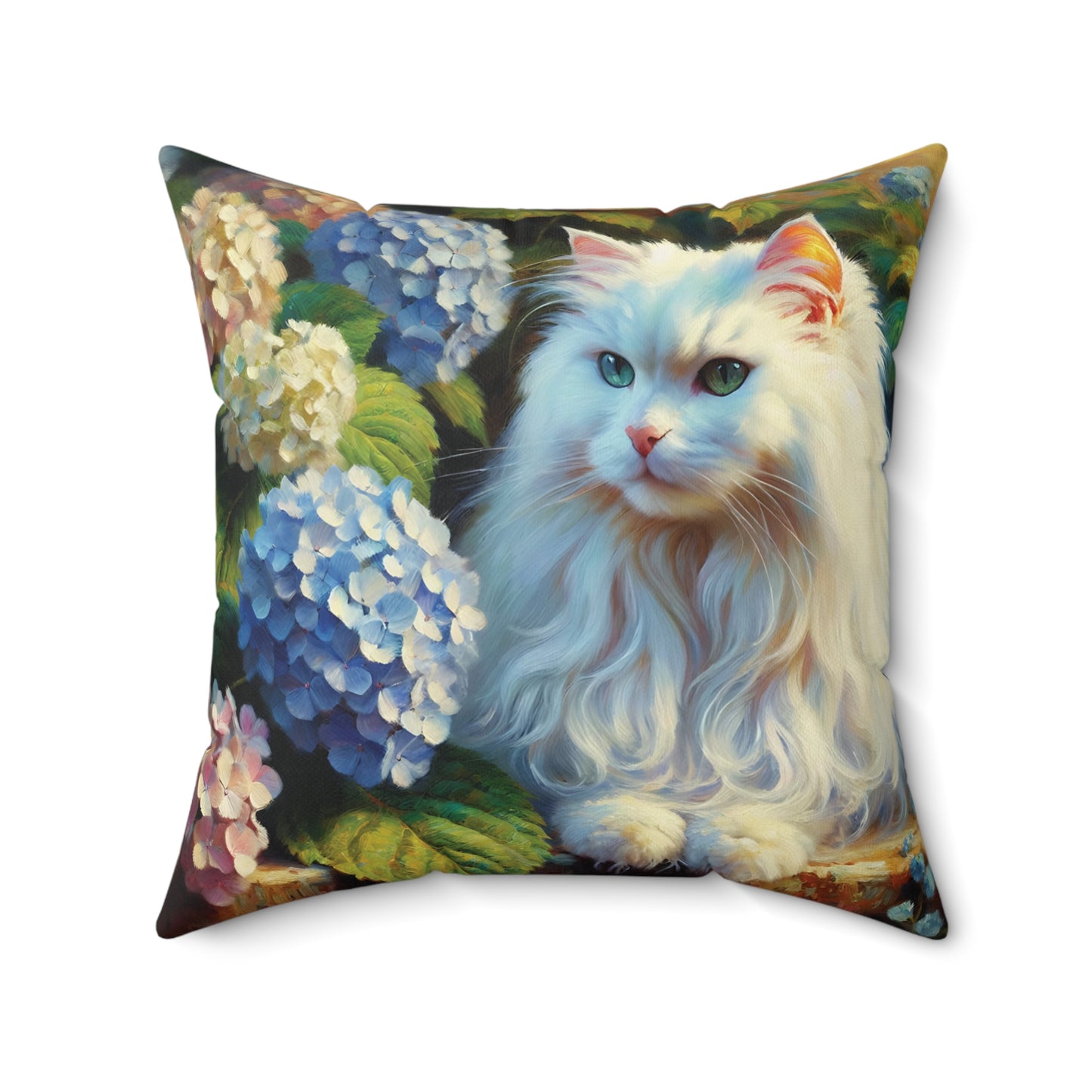 Throw Pillow - The Artist's White Cat with Hydrangeas - Cozy Decorative Cushion