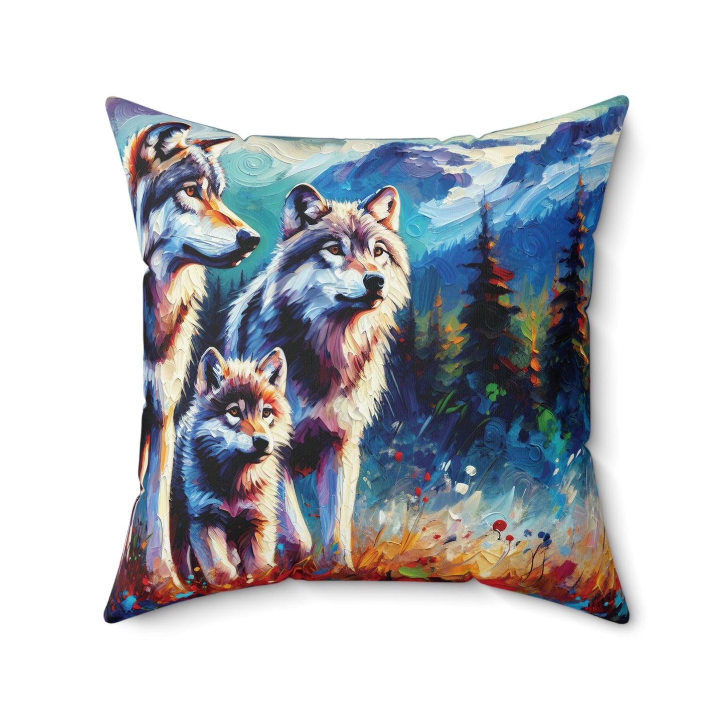 Gray Wolf Family - Square Throw Pillows
