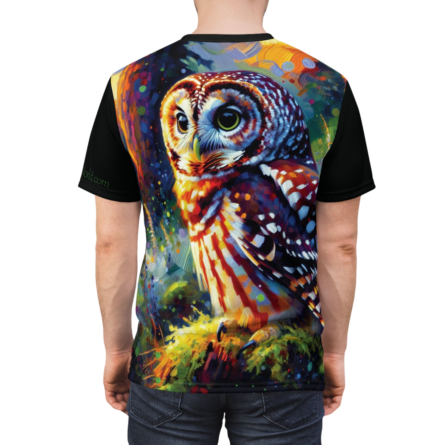 Barred Owl at Sunset Vibrant Art Tee | Colorful Unisex Cut & Sew T-Shirt, Wildlife Apparel, Unique Graphic Tee, Birthday Gift