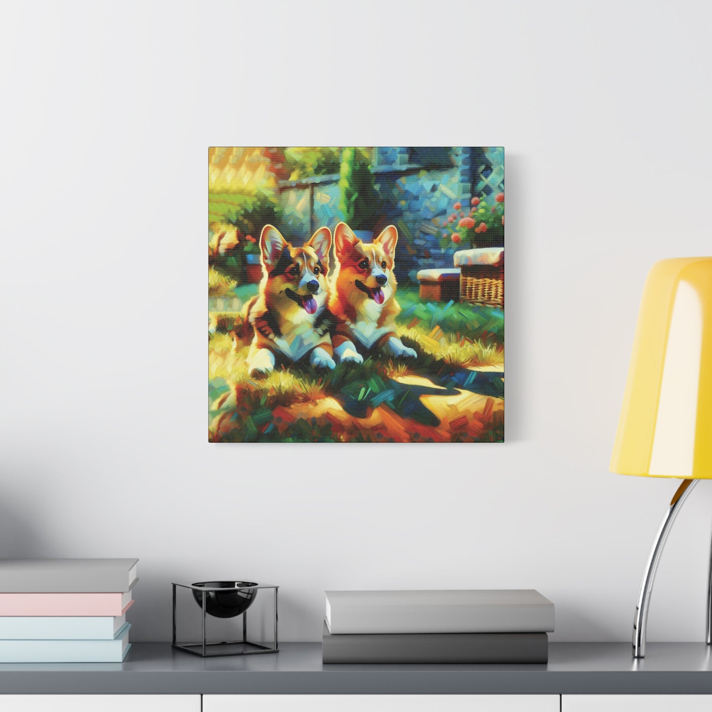 Canvas Wall Art - Pembroke Corgi Pair Resting in Garden - Contemporary Impressionist Print