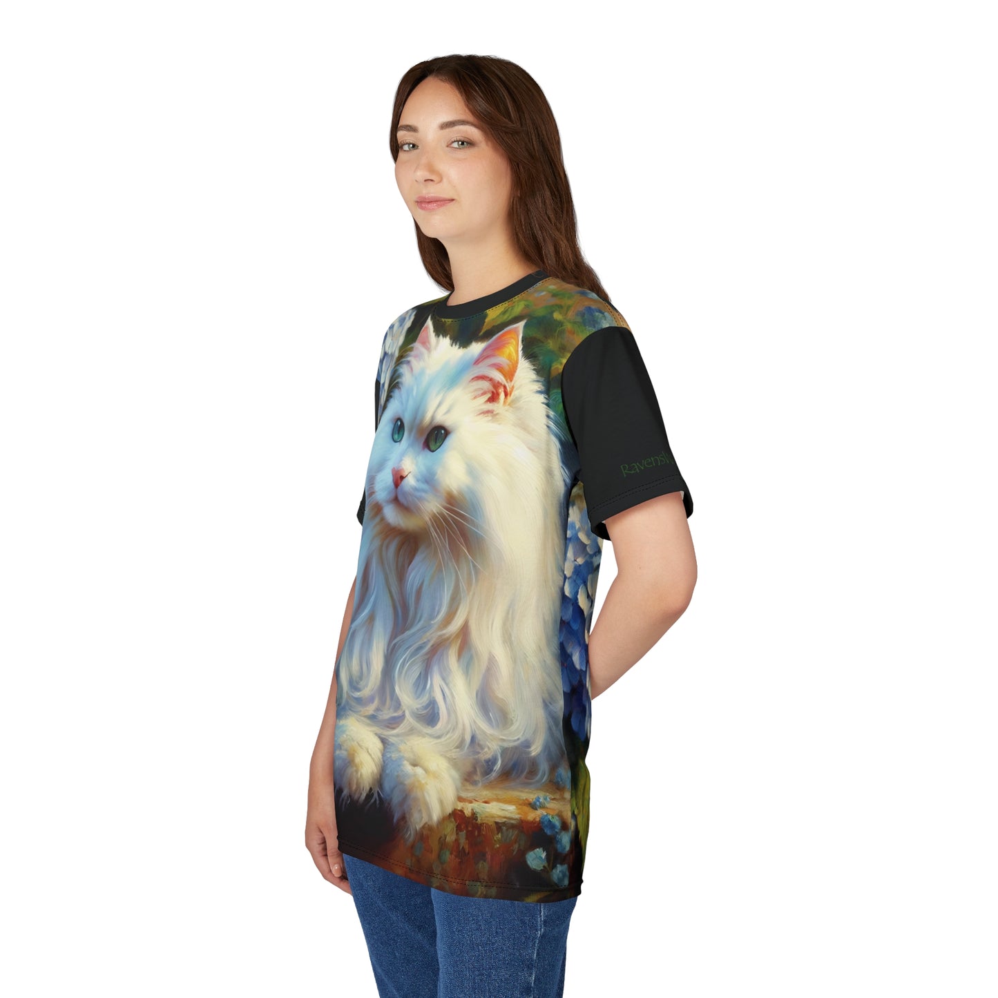White Cat with Hydrangeas Vibrant Art Tee | Colorful Unisex Cut & Sew T-Shirt, Cat Lover Apparel, Unique Graphic Tee, Birthday Gift