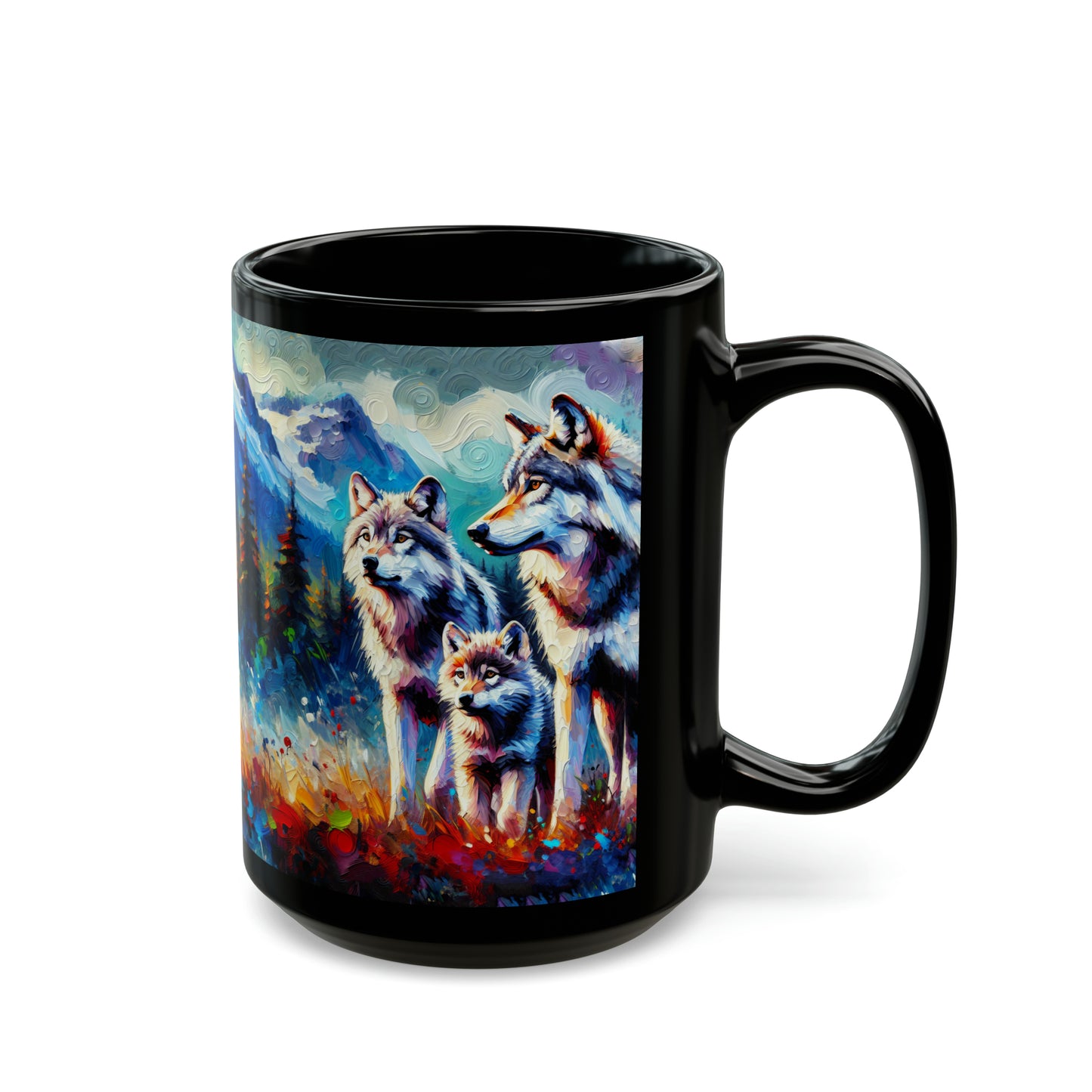 Gray Wolf Family - Black Mugs (11oz, 15oz)