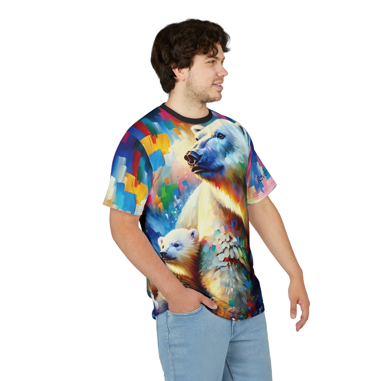 Polar Bear with Cub Vibrant Art Tee | Colorful Unisex Cut & Sew T-Shirt, Wildlife Apparel, Unique Graphic Tee, Birthday Gift