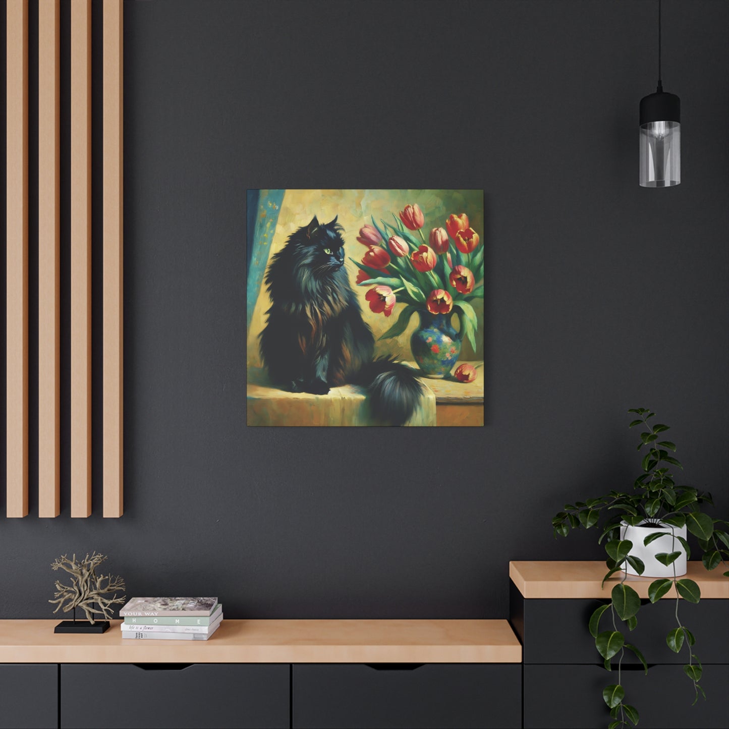 The Artist's Black Cat with Red Tulips - Impressionist Canvas Wall Art