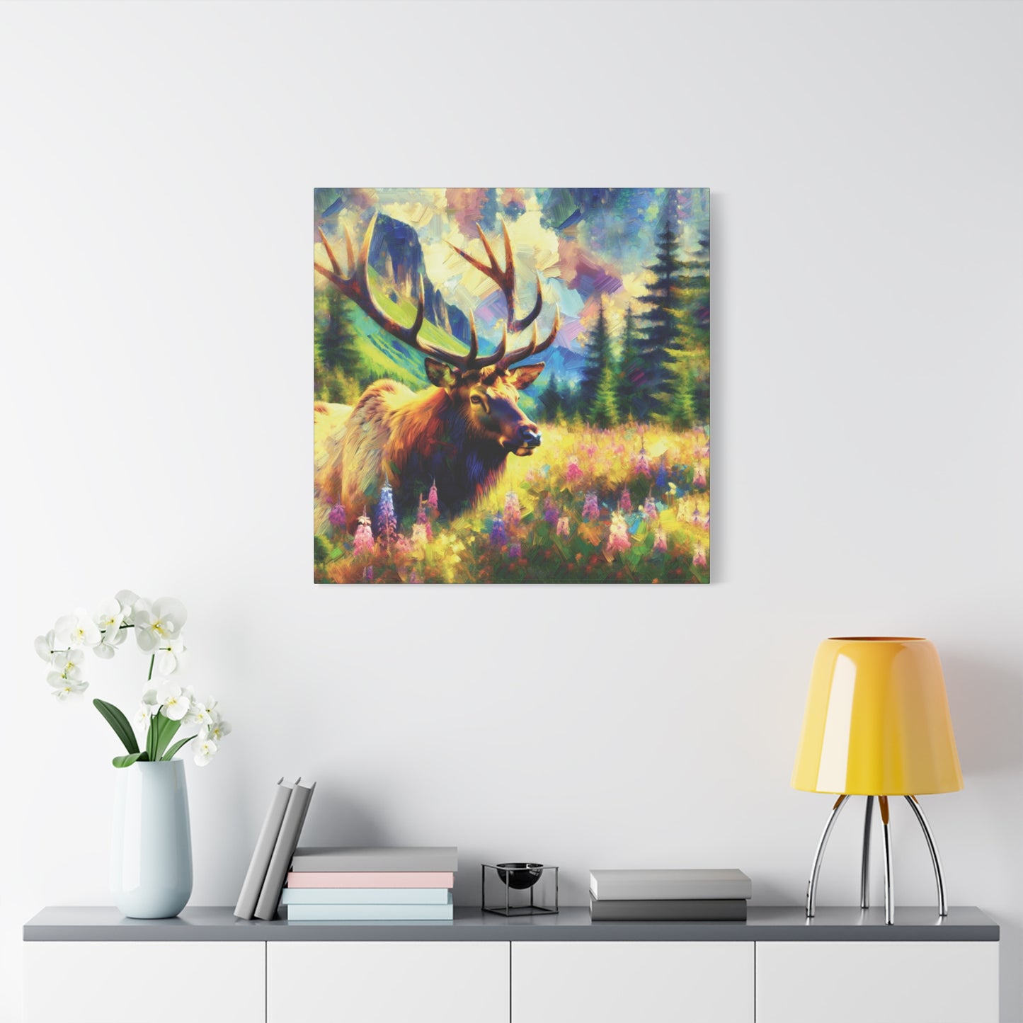 Bull Elk in Mountain Meadow Impressionist Canvas Art Print
