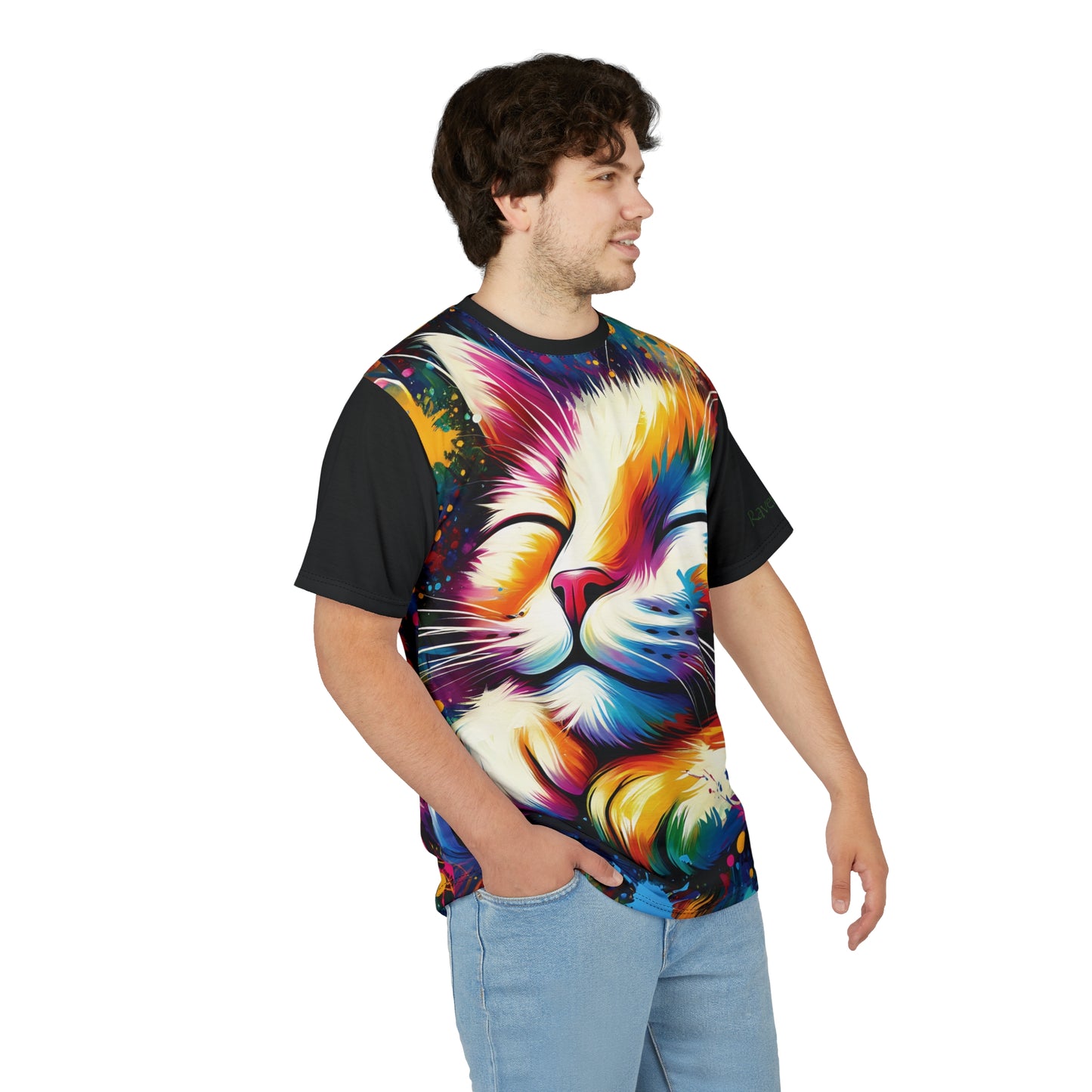 Contented Cat Vibrant Art Tee | Colorful Unisex Cut & Sew T-Shirt, Wildlife Apparel, Unique Graphic Tee, Birthday Gift