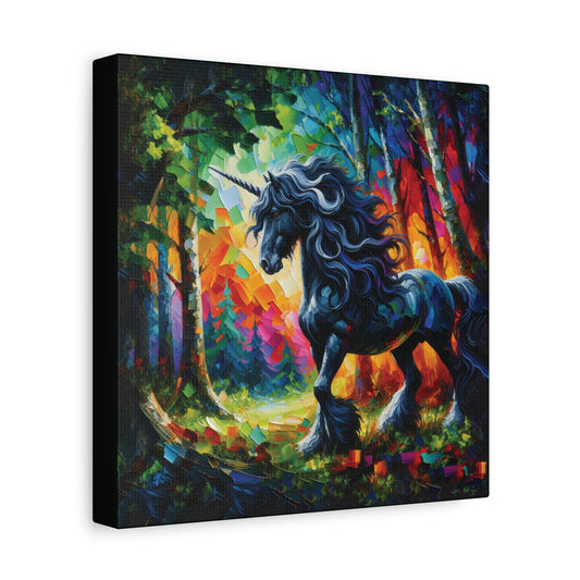 A canvas wall art print of a black unicorn stallion with a mane and tail, standing in a colorful forest setting.