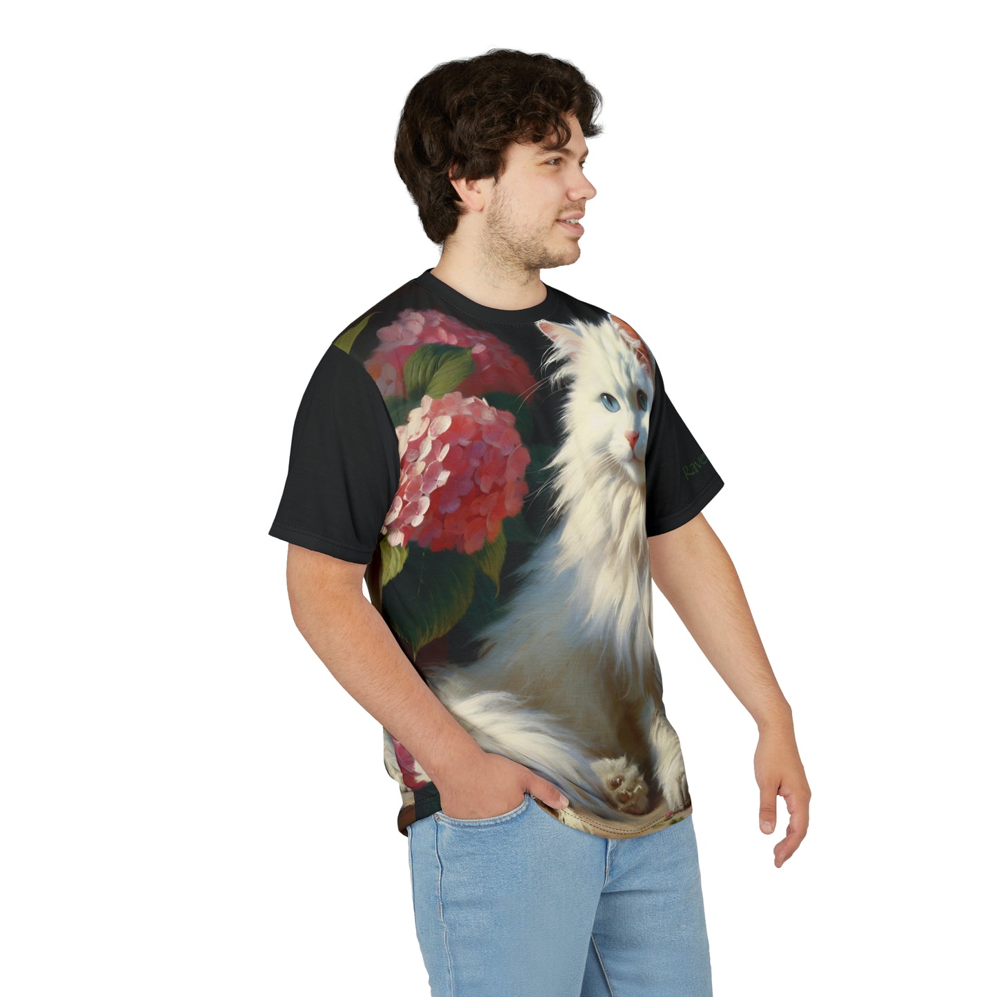 Blue-Eyed White Cat with Pink Hydrangeas Vibrant Art Tee | Colorful Unisex Cut & Sew T-Shirt, Wildlife Apparel, Unique Graphic Tee, Birthday Gift