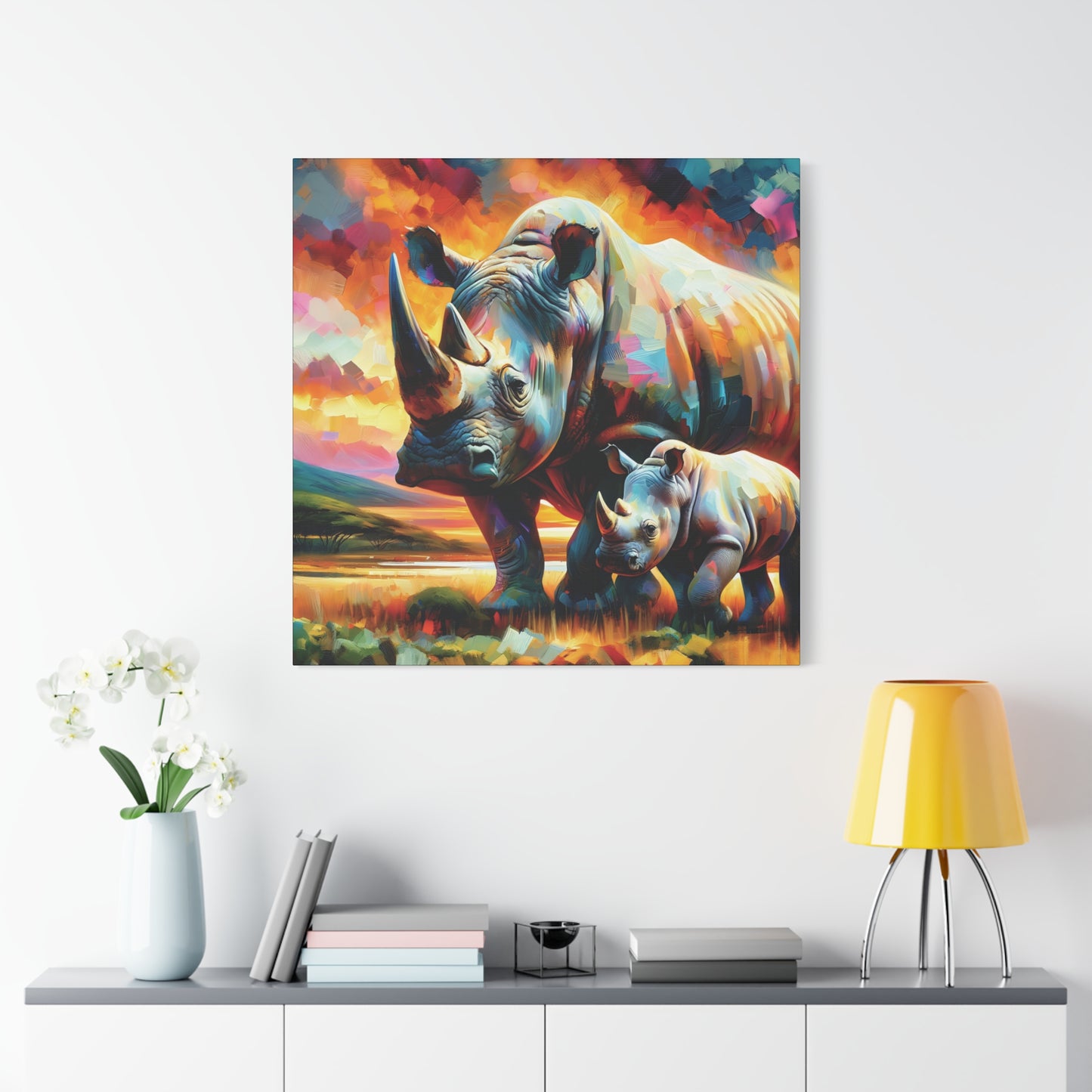 Rhinos at Sunset Expressionist Canvas Art Print