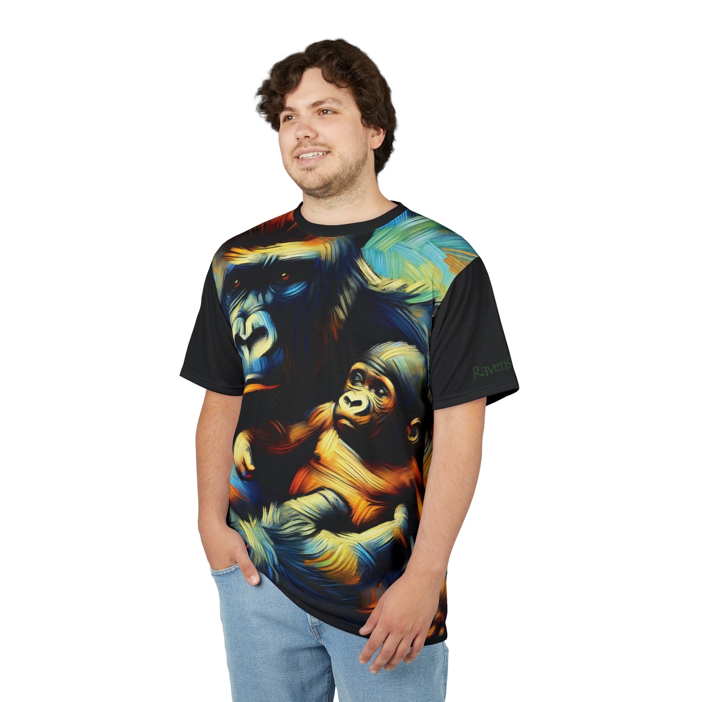 Gorilla Holding Baby Art Tee | Colorful Unisex Cut & Sew T-Shirt, Wildlife Apparel, Unique Graphic Tee, Birthday Gift