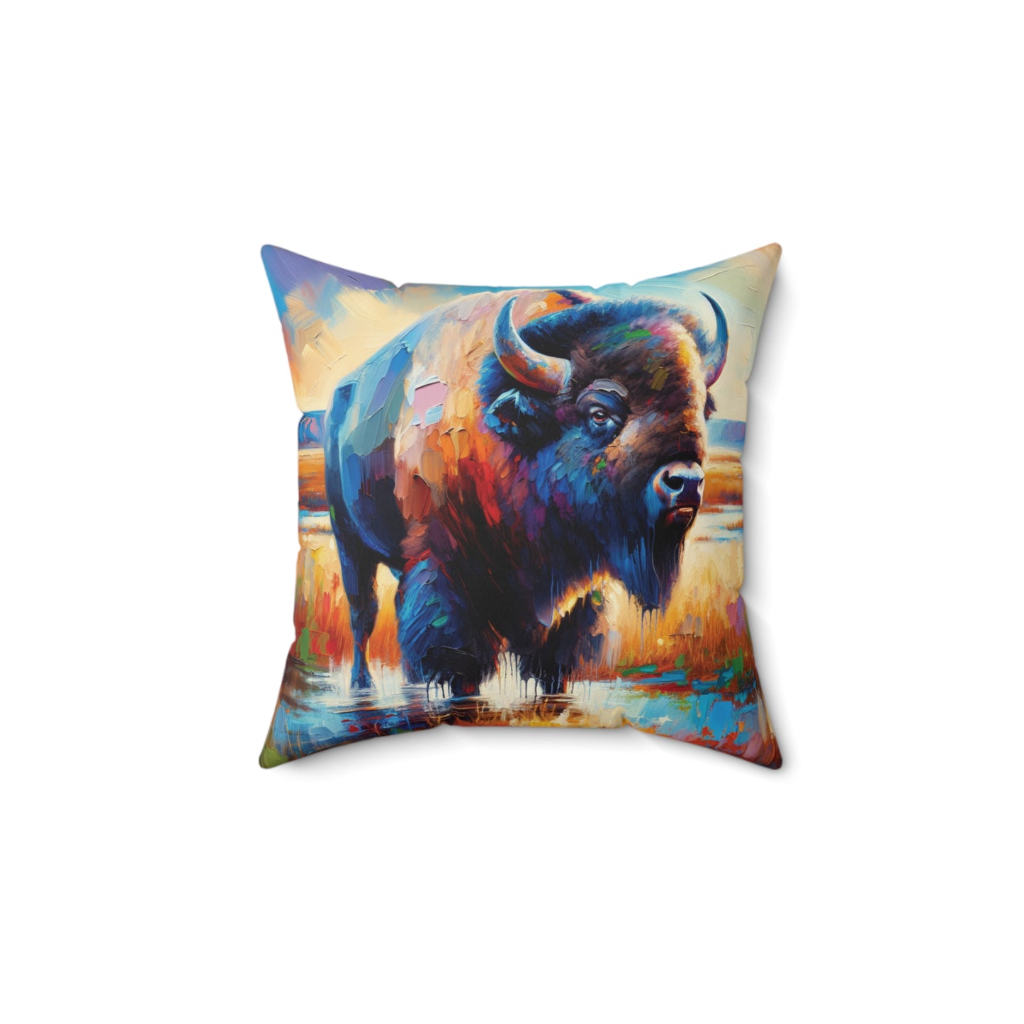 Lone Bison After Rain -  Square Throw Pillows