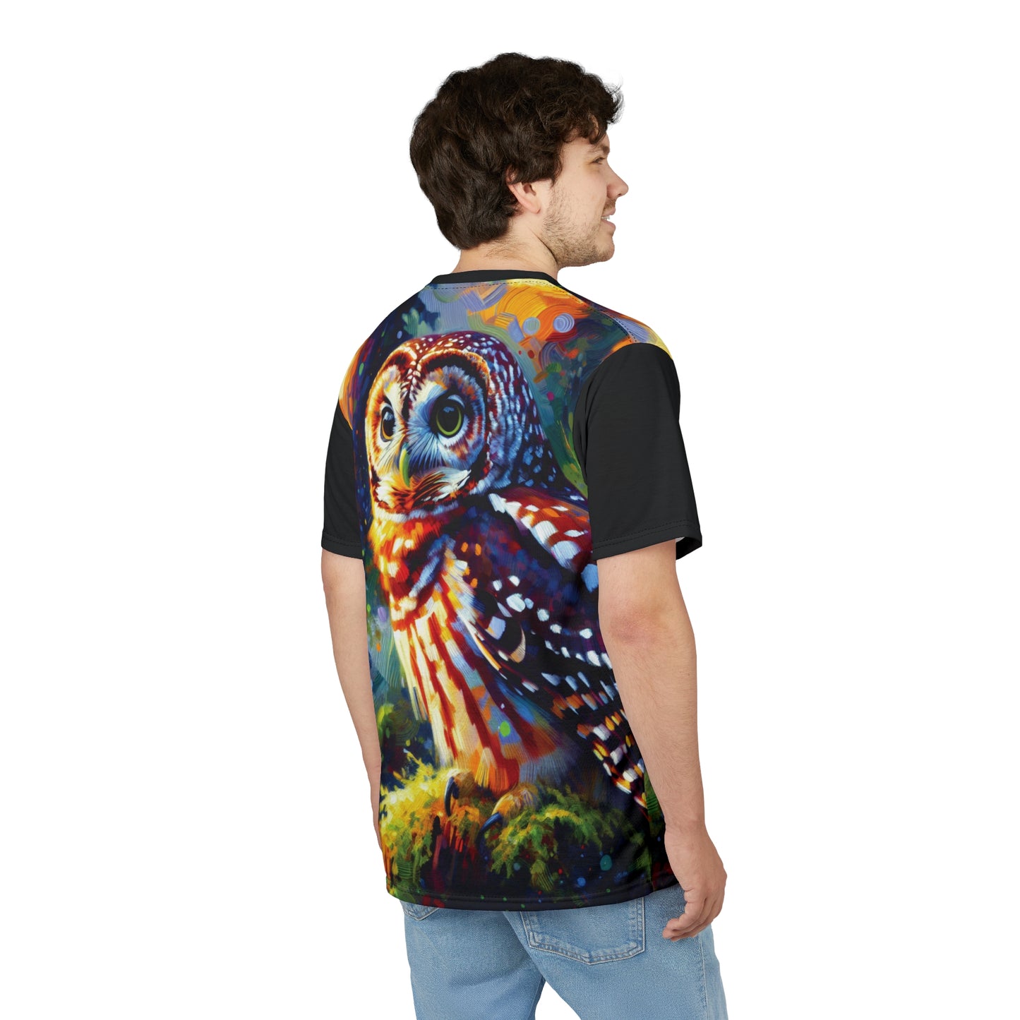 Barred Owl at Sunset Vibrant Art Tee | Colorful Unisex Cut & Sew T-Shirt, Wildlife Apparel, Unique Graphic Tee, Birthday Gift