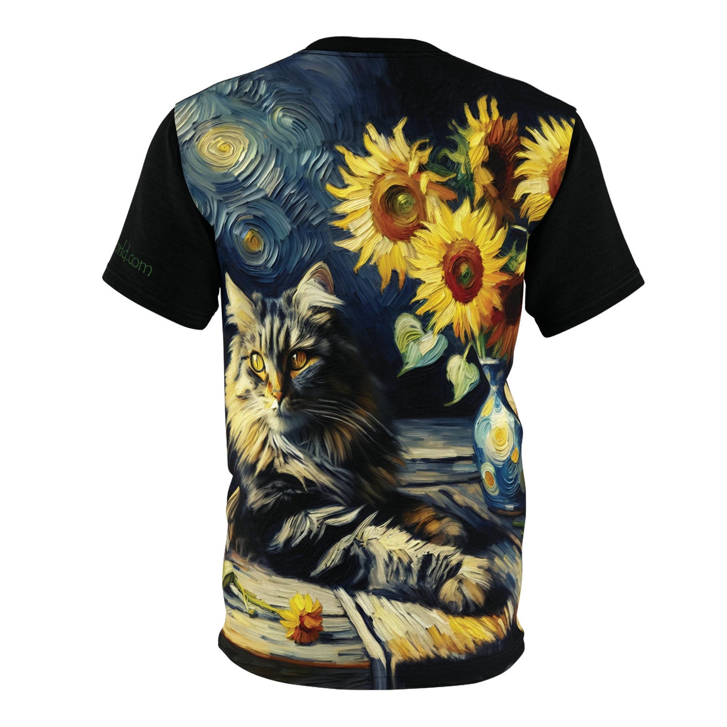 Grey Tabby Cat with Sunflowers Vibrant Art Tee | Colorful Unisex Cut & Sew T-Shirt, Cat Lover Apparel, Unique Graphic Tee, Birthday Gift