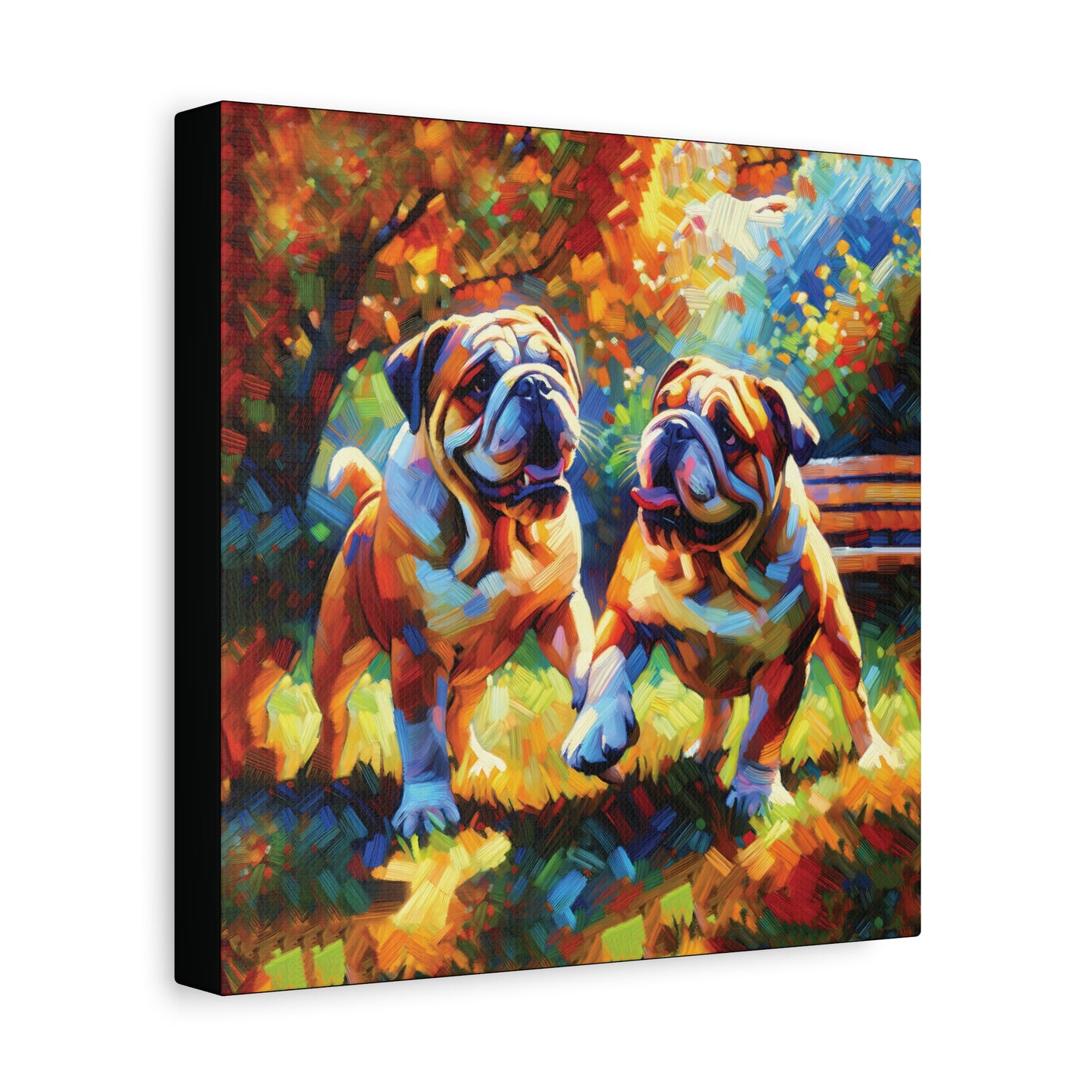 Colorful painting of two bulldogs with a vibrant background