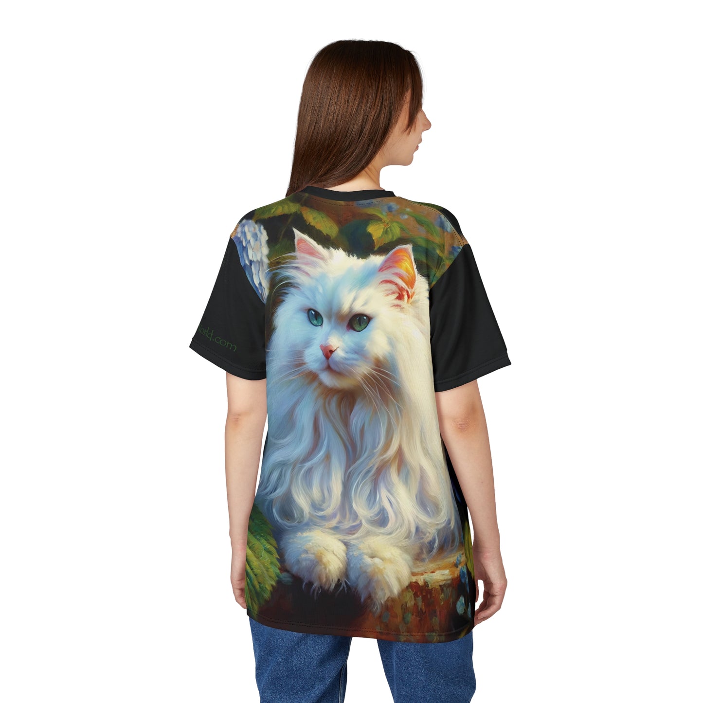 White Cat with Hydrangeas Vibrant Art Tee | Colorful Unisex Cut & Sew T-Shirt, Cat Lover Apparel, Unique Graphic Tee, Birthday Gift