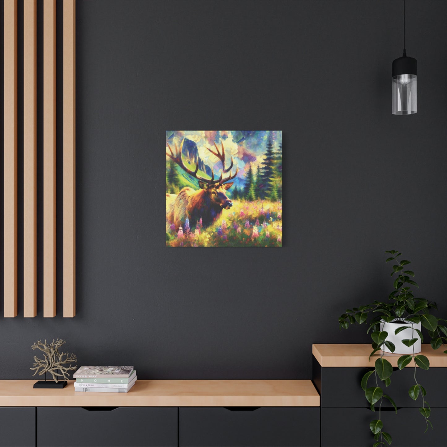 Bull Elk in Mountain Meadow Impressionist Canvas Art Print
