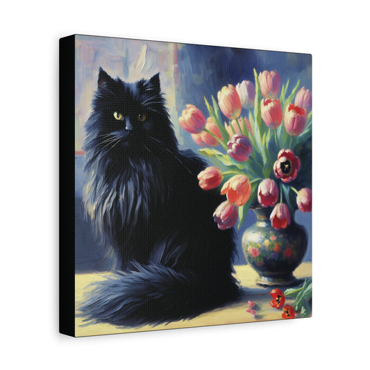 Canvas print of a black cat sitting next to a vase of pink tulips