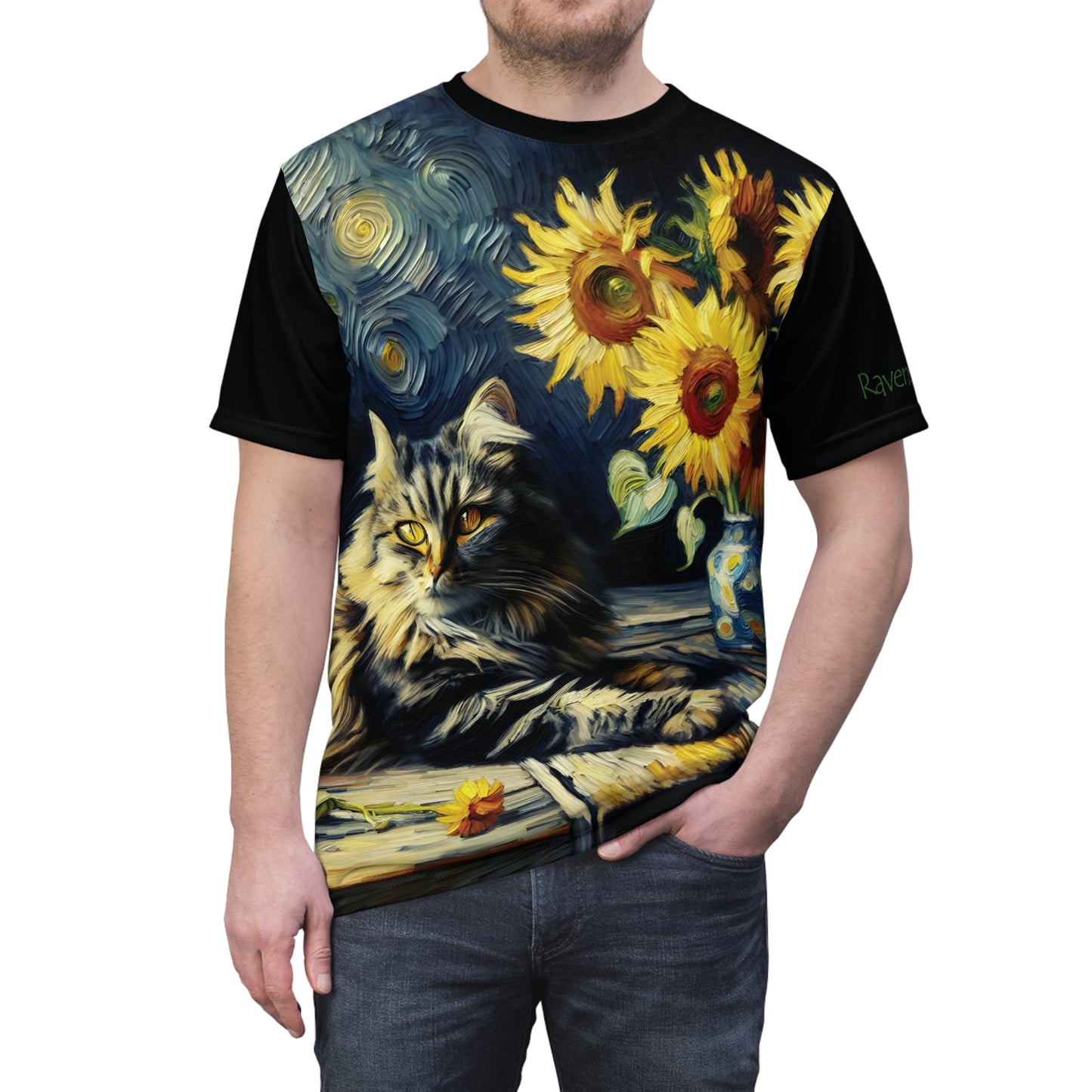 Grey Tabby Cat with Sunflowers Vibrant Art Tee | Colorful Unisex Cut & Sew T-Shirt, Cat Lover Apparel, Unique Graphic Tee, Birthday Gift
