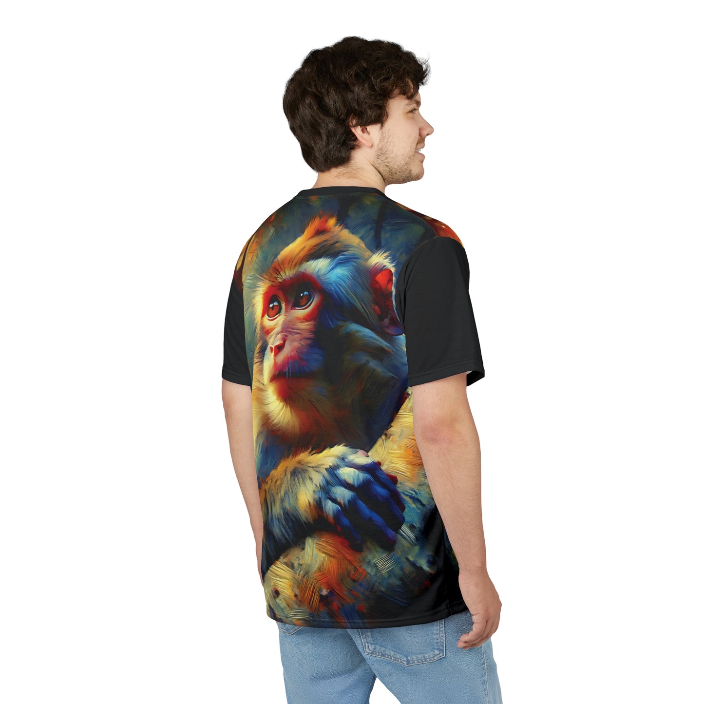 Monkey Vibrant Art Tee | Rhesus Macaque Colorful Unisex Cut & Sew T-Shirt, Wildlife Apparel, Unique Graphic Tee