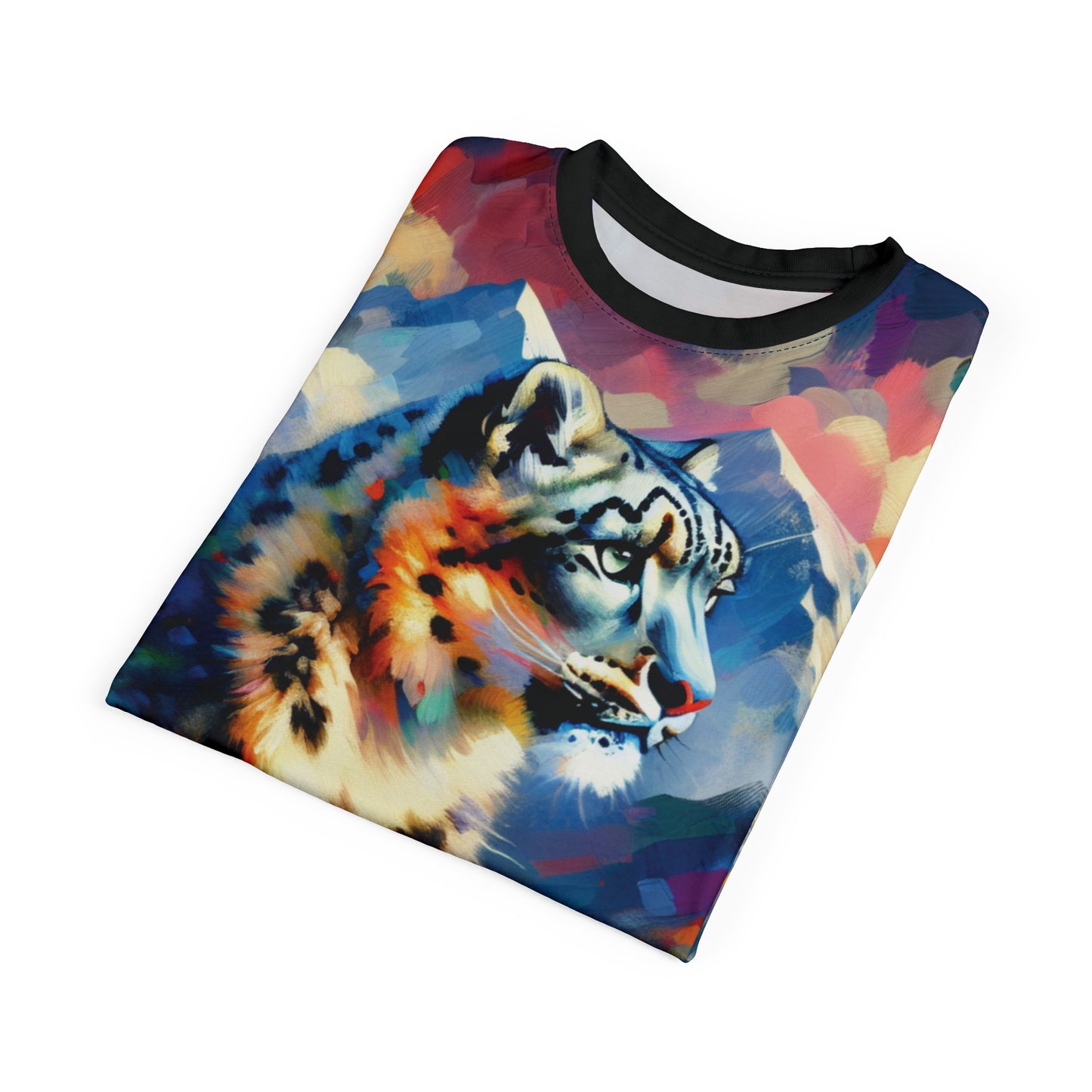 Himalayan Snow Leopard Vibrant Art Tee | Colorful Unisex Cut & Sew T-Shirt, Wildlife Apparel, Unique Graphic Tee, Birthday Gift