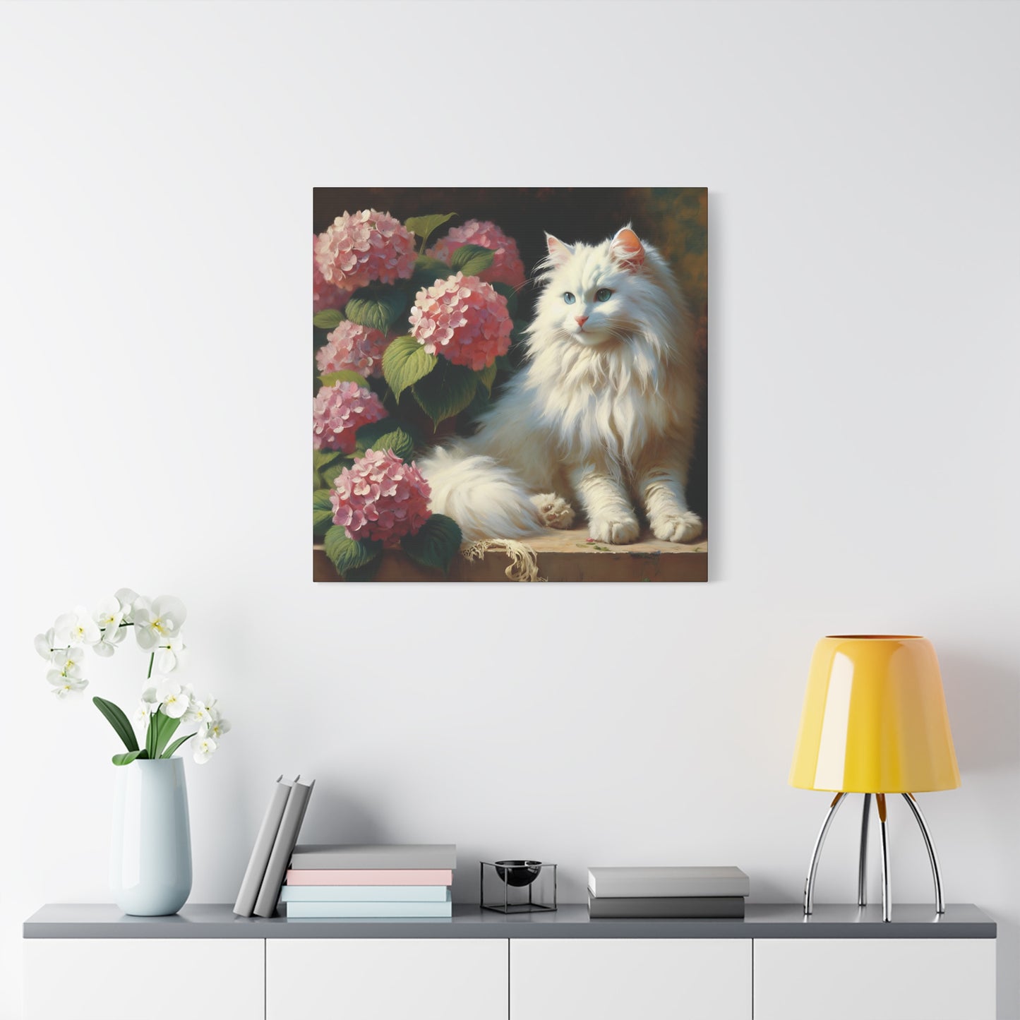 Canvas Wall Art - Blue-Eyed White Cat with Pink Hydrangeas, Impressionist Style Square Print