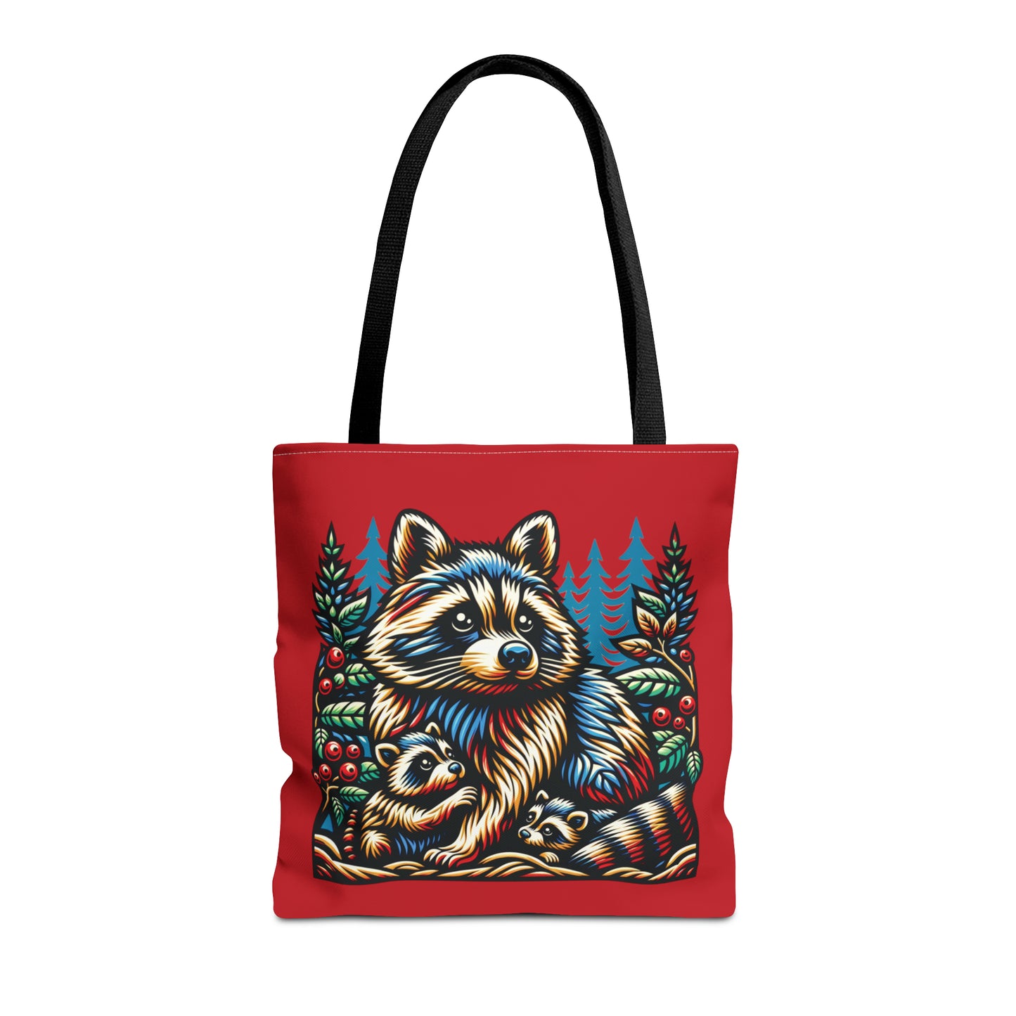 Woodcut Raccoon and Kits Tote Bag