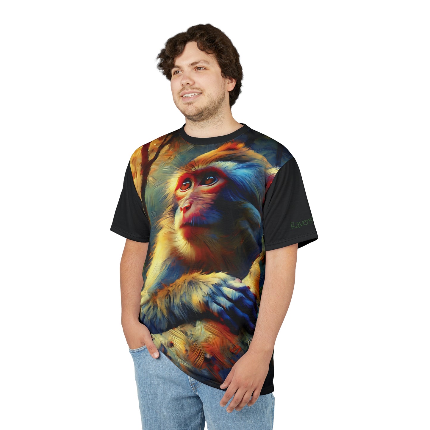 Monkey Vibrant Art Tee | Rhesus Macaque Colorful Unisex Cut & Sew T-Shirt, Wildlife Apparel, Unique Graphic Tee