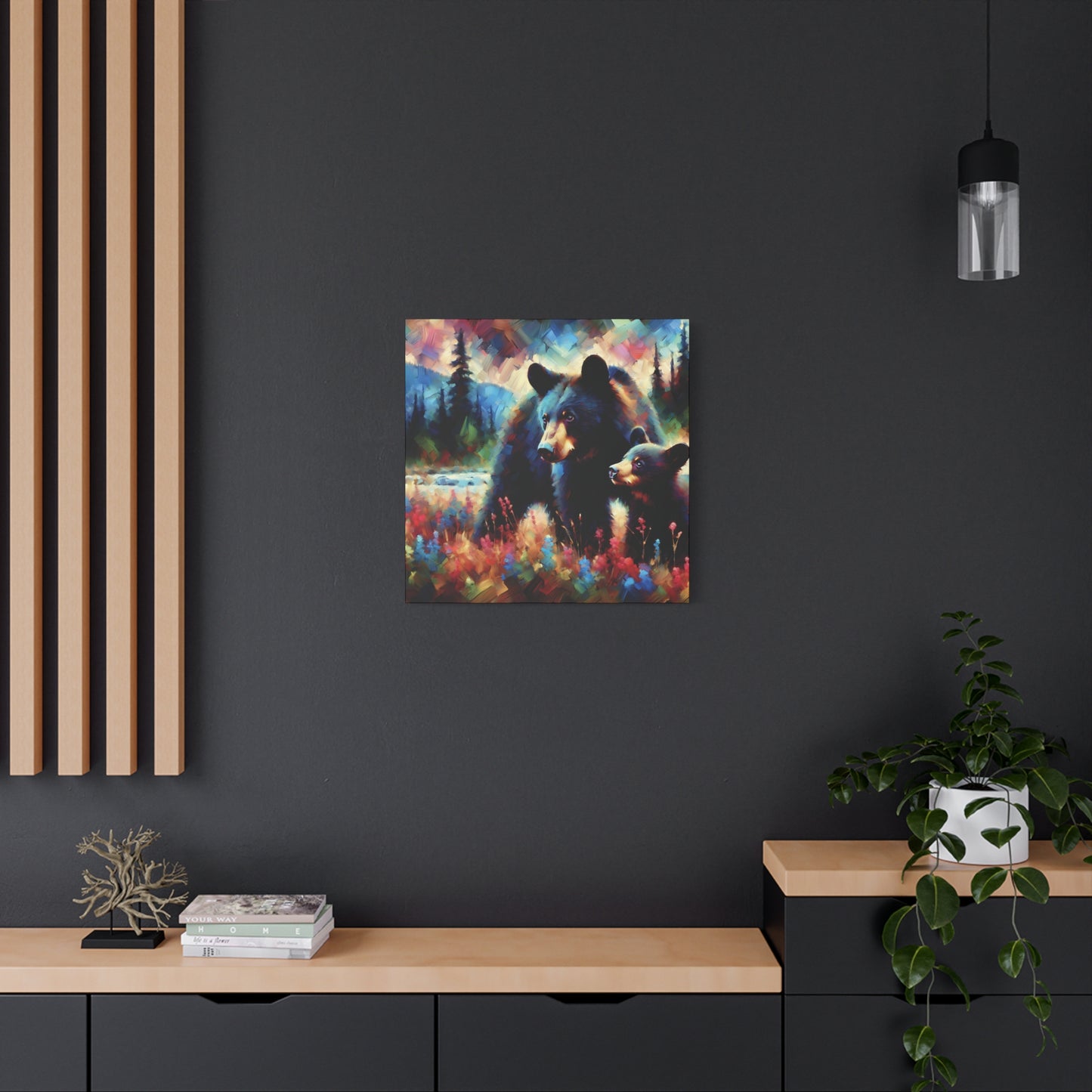 Canvas Wall Art - Black Bear with Cub in Forest Clearing - Contemporary Impressionist Art Print