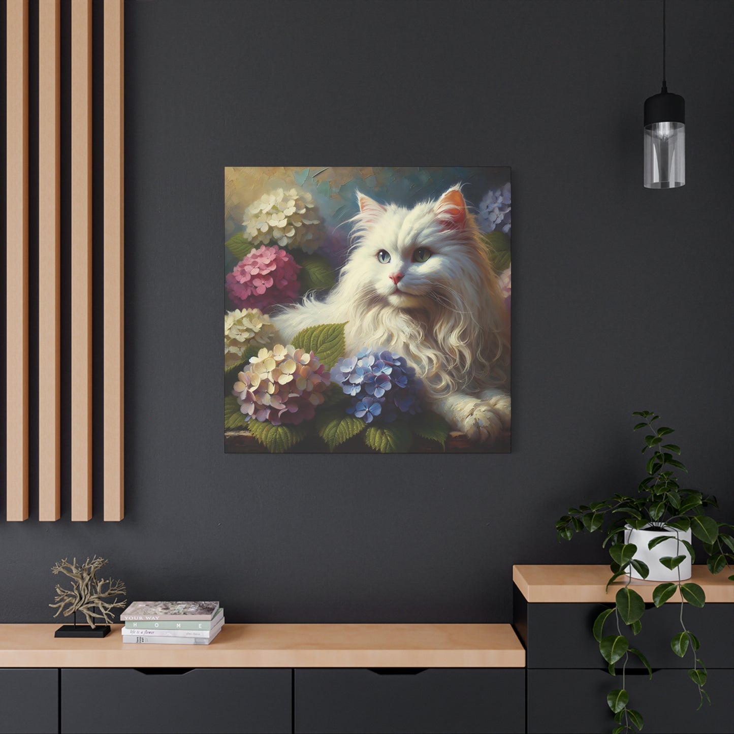 The Artist's White Cat with Hydrangeas, Impressionist Style Canvas Wall Art