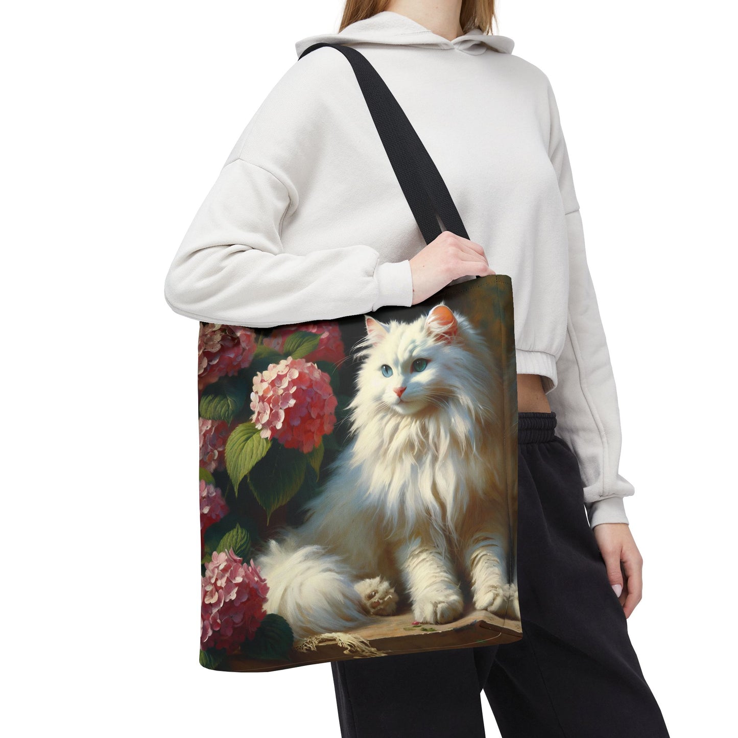 Cat Tote Bag with Pink Hydrangeas - Impressionist Style Art