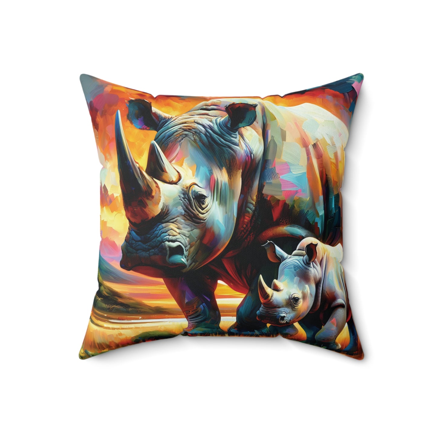 Rhino Throw Pillow - Rhinos at Sunset Expressionist Style Art on Faux Suede Square Pillow
