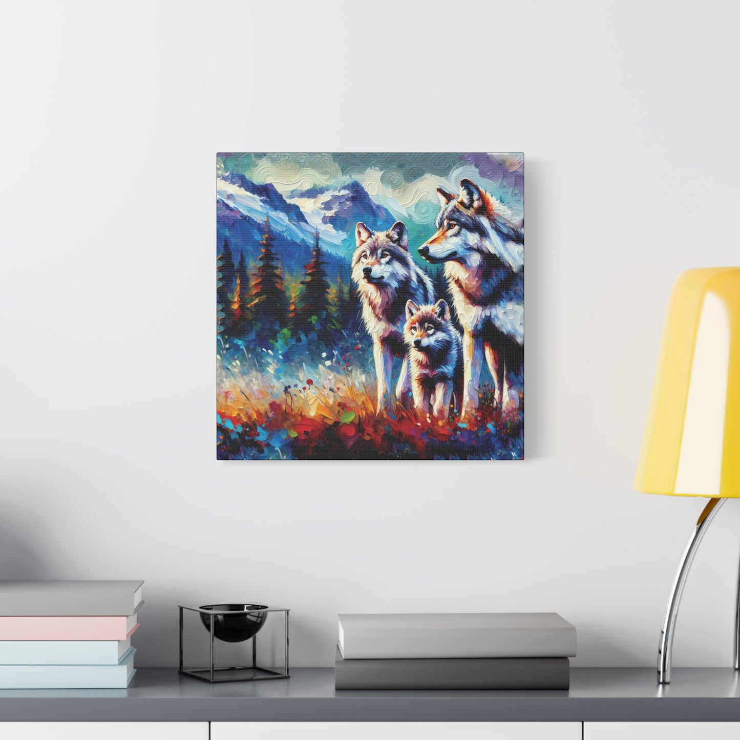 Gray Wolf Family Canvas Wall Art - Expressionist Canvas Print