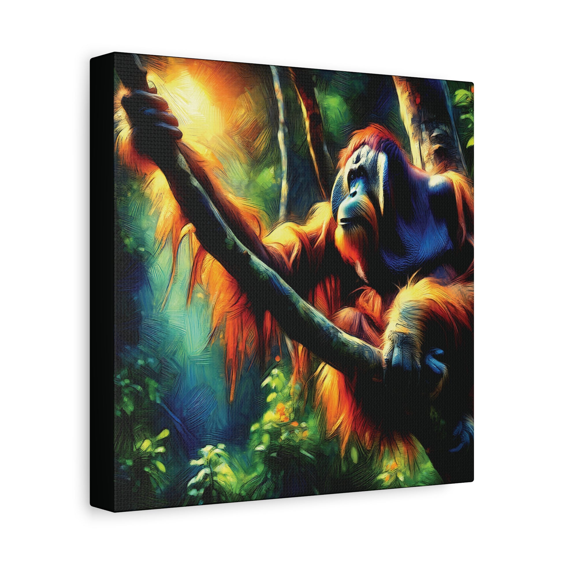 Canvas print of an orangutan in a forest setting with vibrant colors.