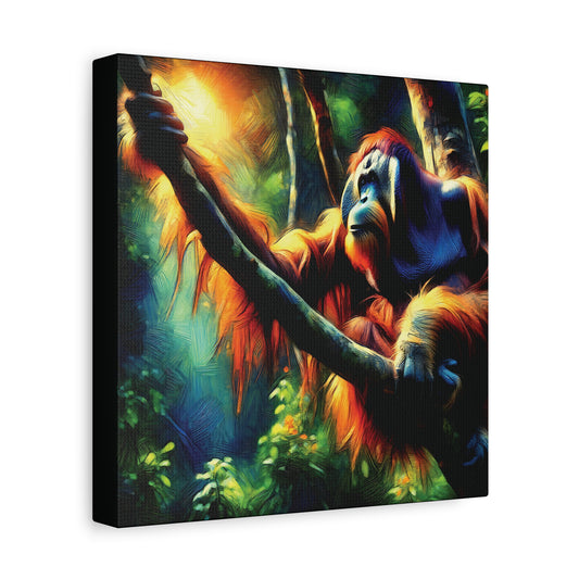 Canvas print of an orangutan in a forest setting with vibrant colors.