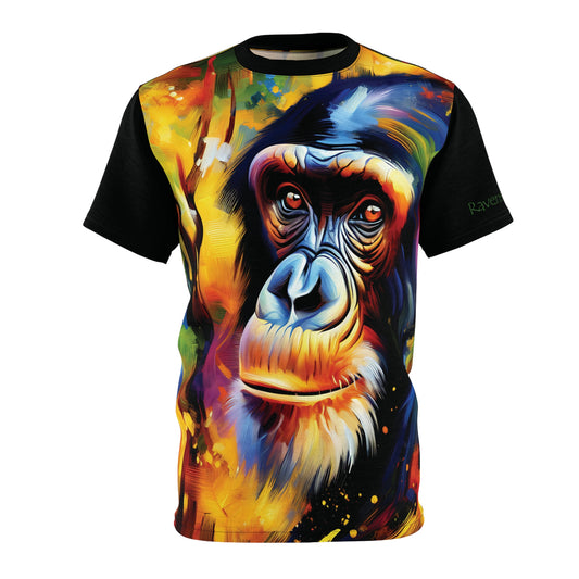 Colorful t-shirt with a graphic of a monkey's face on a black sleeved shirt