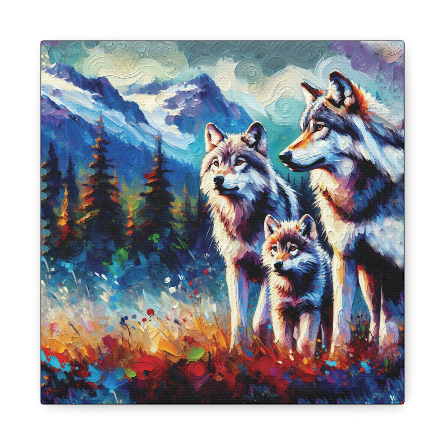 Gray Wolf Family Canvas Wall Art - Expressionist Canvas Print
