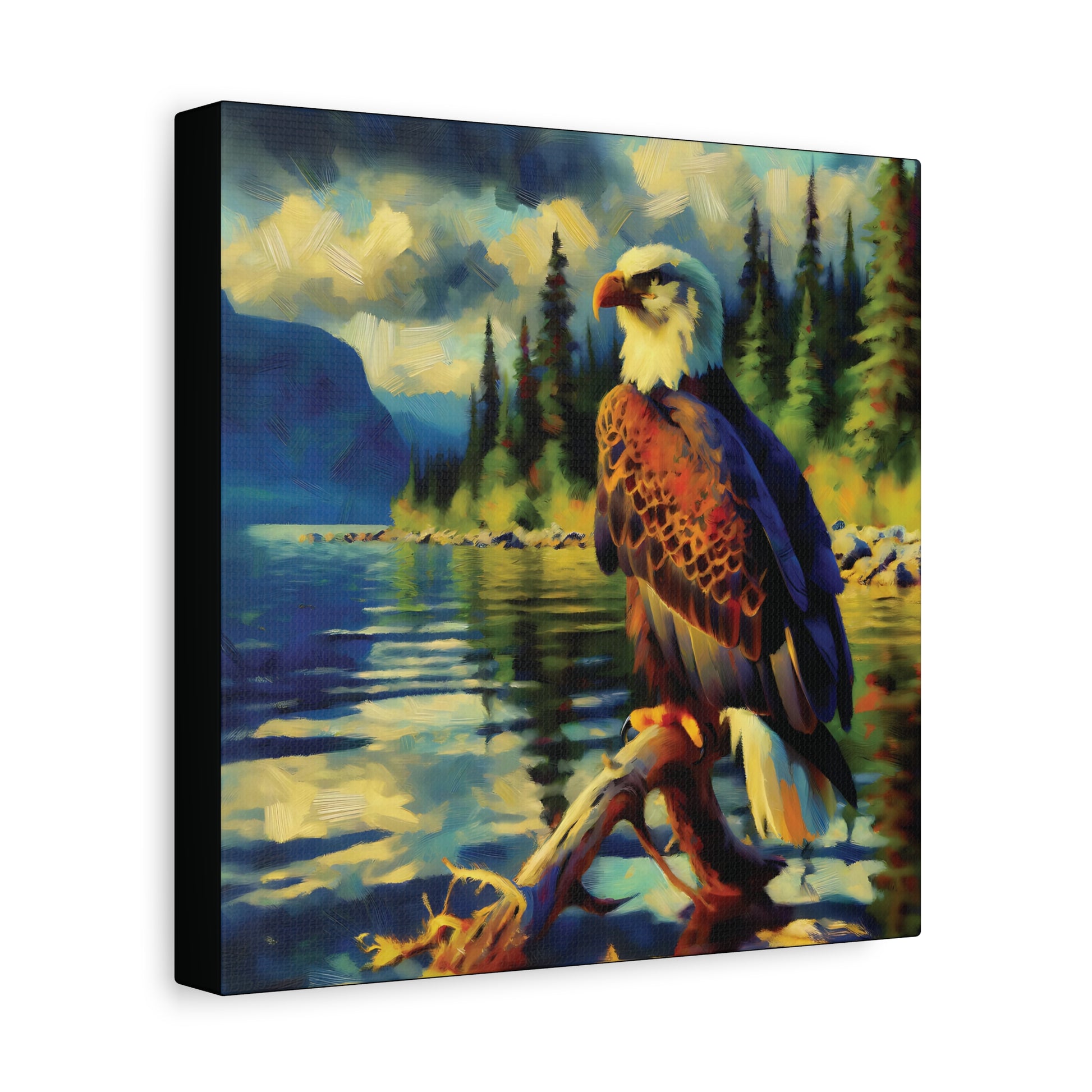 Canvas print of an eagle perched on a log with a lake and forest in the background