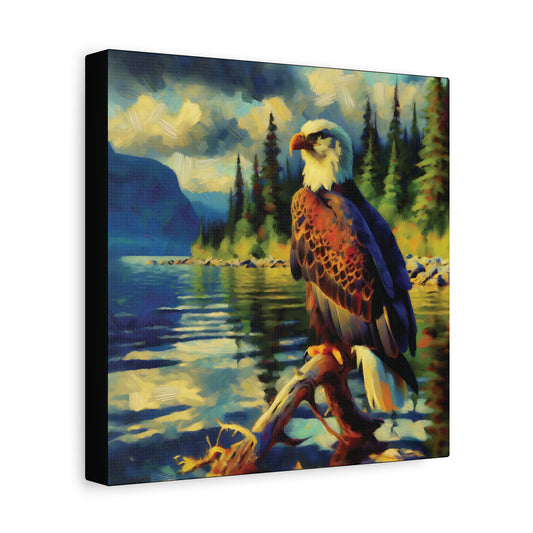 Canvas print of an eagle perched on a log with a lake and forest in the background