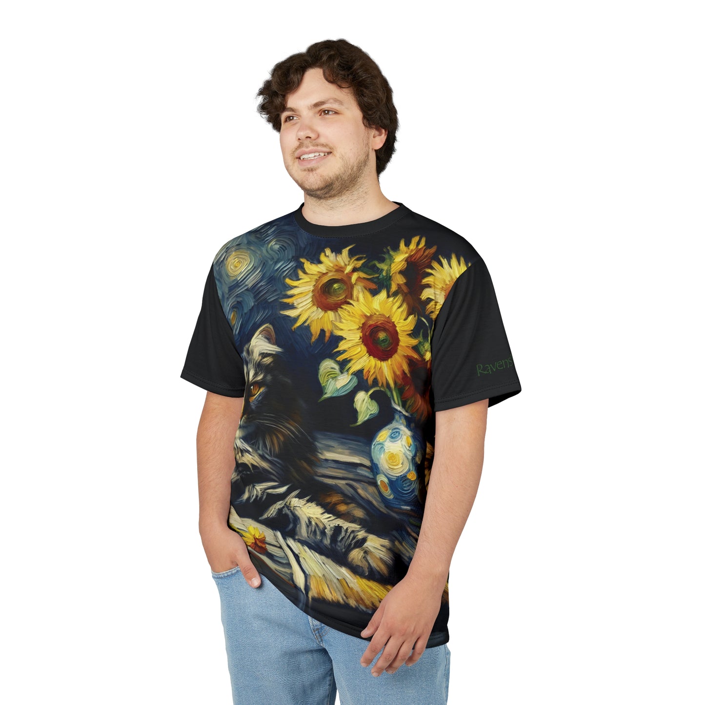 Grey Tabby Cat with Sunflowers Vibrant Art Tee | Colorful Unisex Cut & Sew T-Shirt, Cat Lover Apparel, Unique Graphic Tee, Birthday Gift