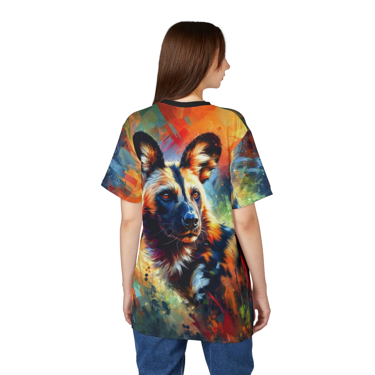 African Wild Dog Portrait Vibrant Art Tee | Colorful Unisex Cut & Sew T-Shirt, Wildlife Apparel, Unique Graphic Tee, Birthday Gift