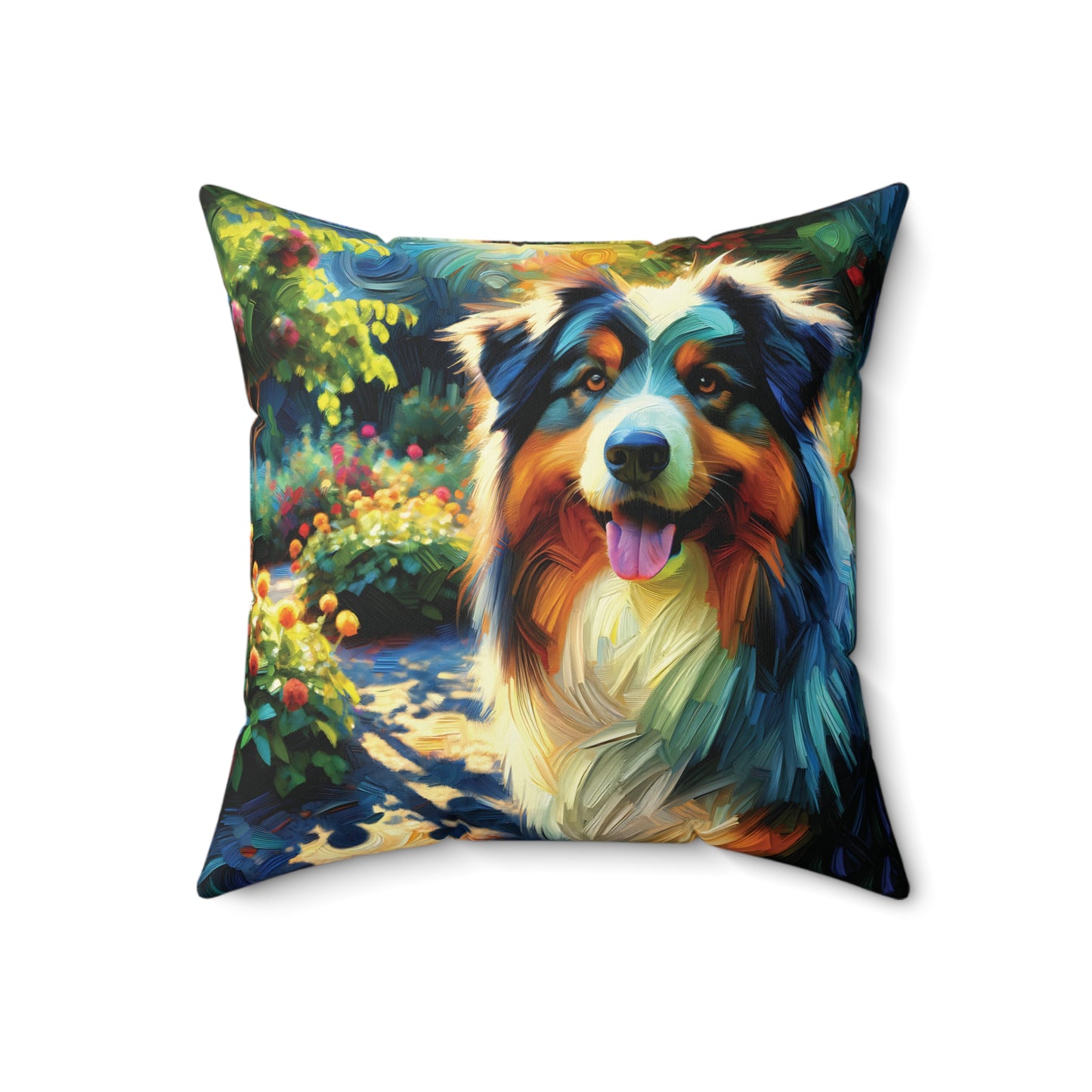 Australian Shepherd on Garden Path - Square Throw Pillows