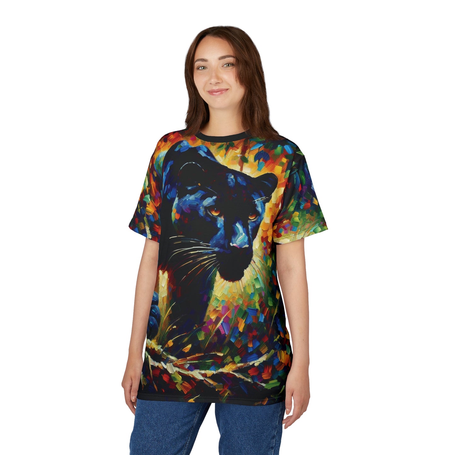Stalking Black Panther in Jungle Vibrant Art Tee | Colorful Unisex Cut & Sew T-Shirt, Wildlife Apparel, Unique Graphic Tee, Birthday Gift