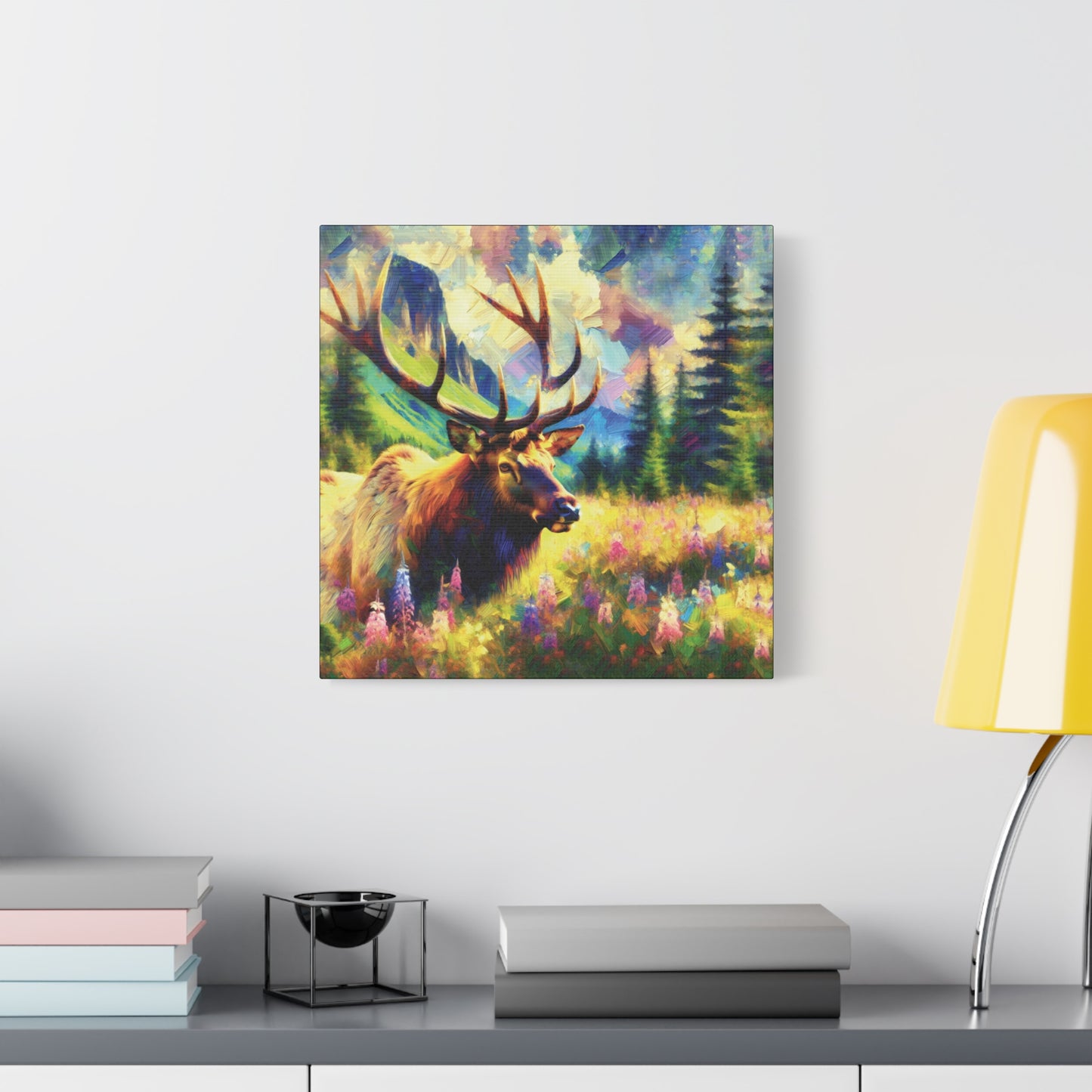 Bull Elk in Mountain Meadow Impressionist Canvas Art Print