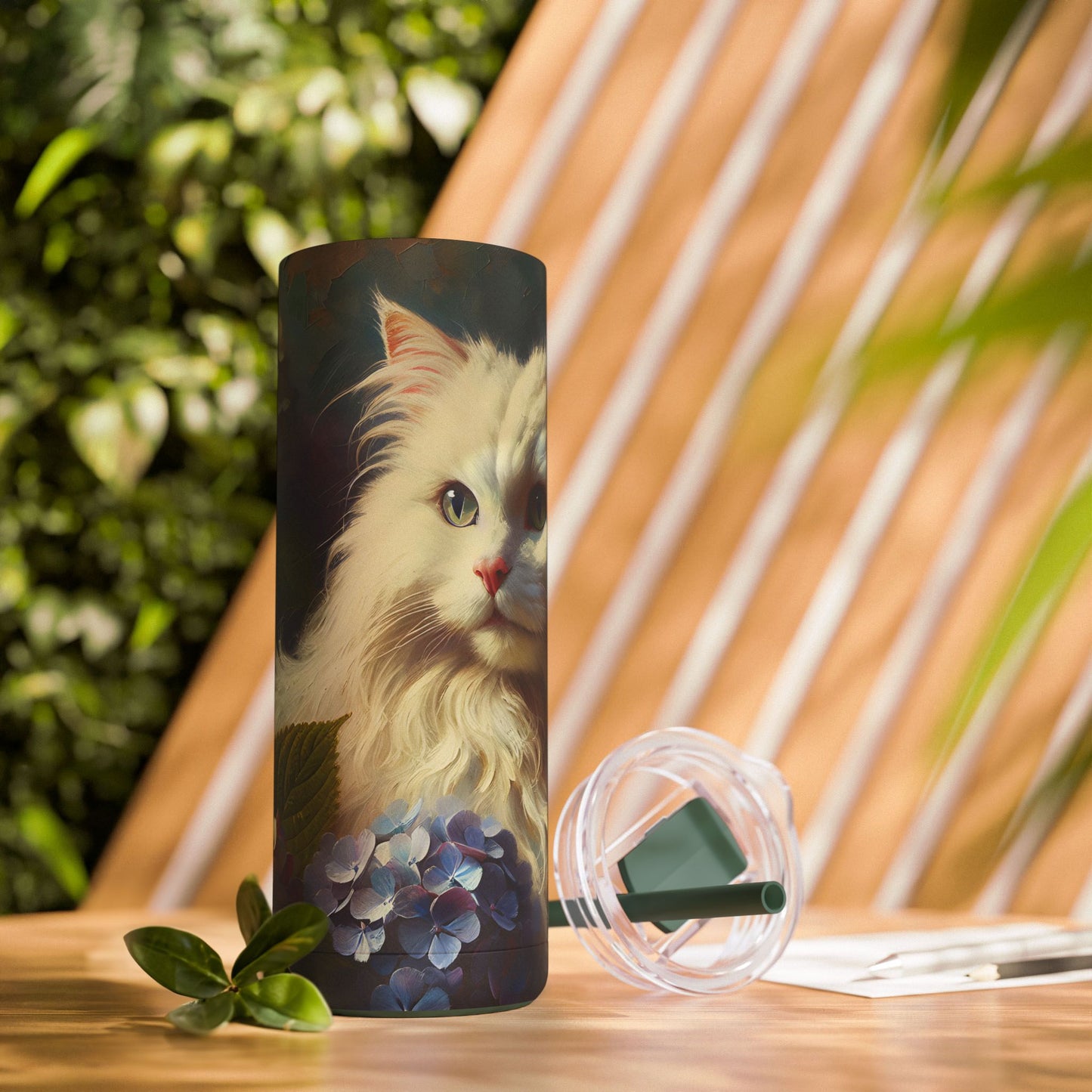 Travel Mug - The Artist's White Cat with Hydrangeas - Impressionist Art Style