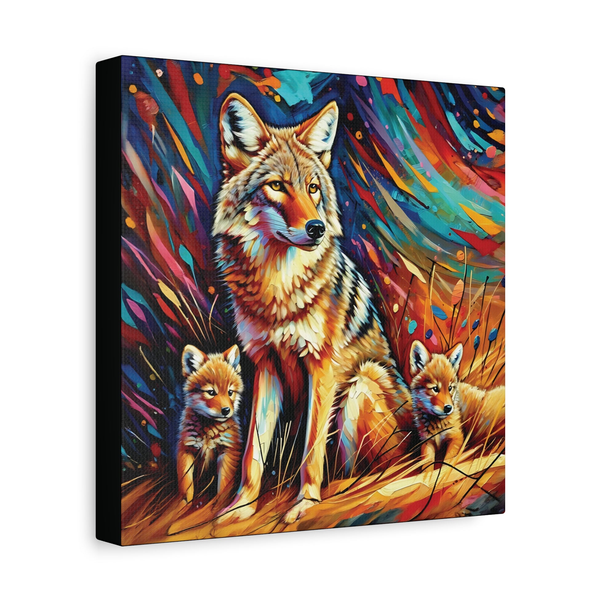 Canvas print of a coyote and two cubs with a colorful abstract background