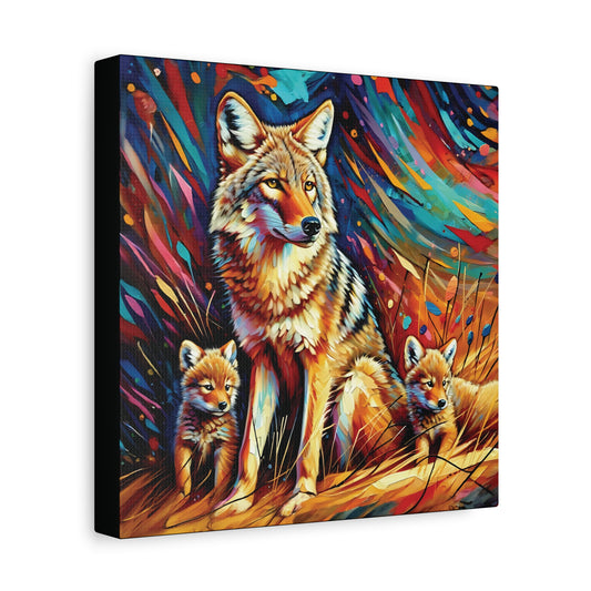 Canvas print of a coyote and two cubs with a colorful abstract background