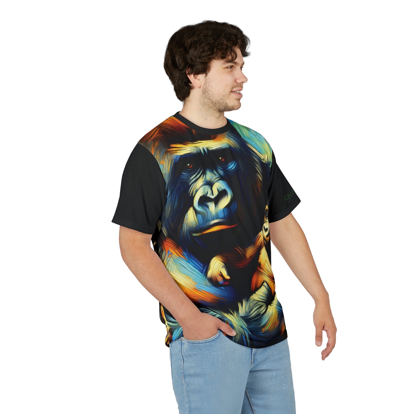 Gorilla Holding Baby Art Tee | Colorful Unisex Cut & Sew T-Shirt, Wildlife Apparel, Unique Graphic Tee, Birthday Gift