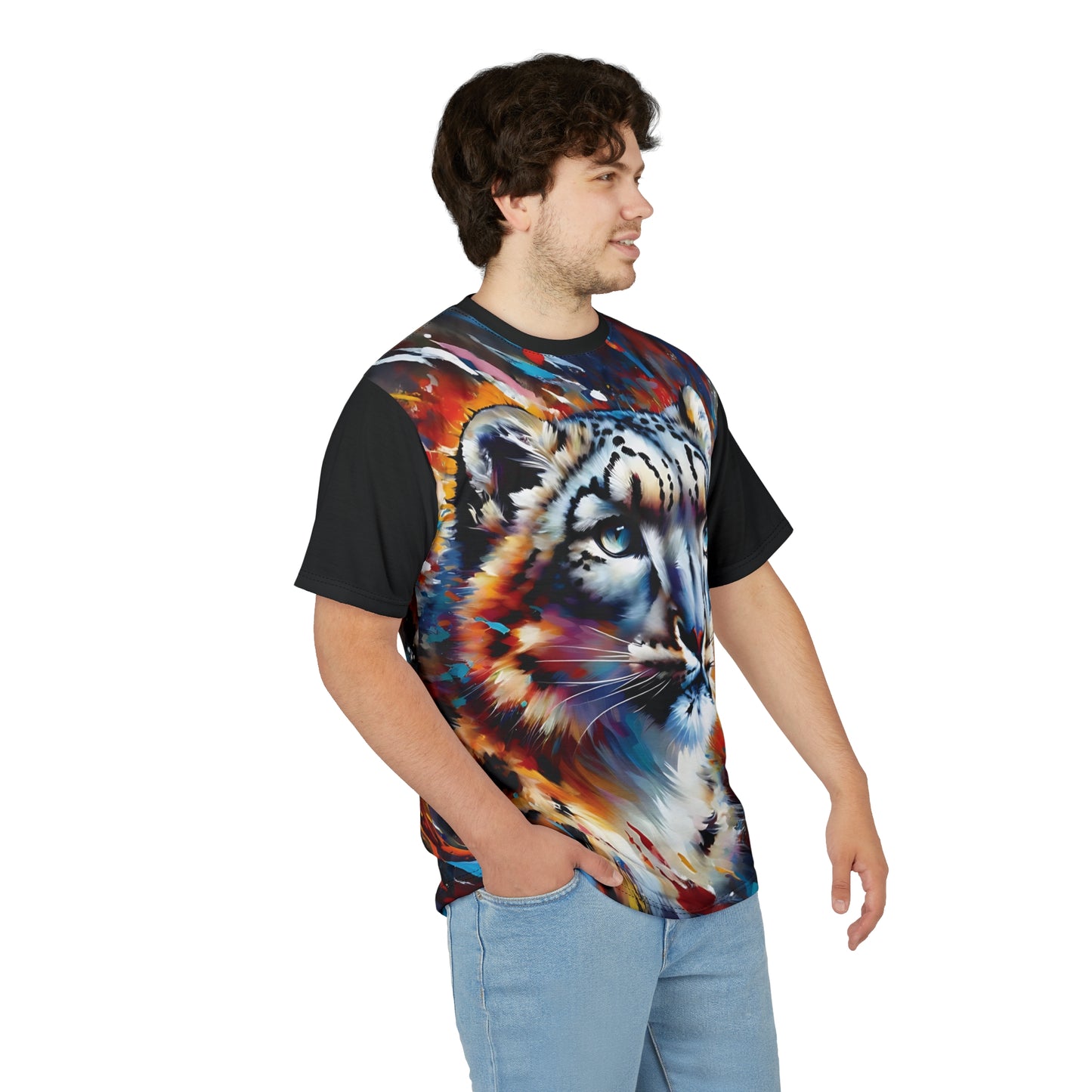 Colorful Snow Leopard Vibrant Art Tee | Colorful Unisex Cut & Sew T-Shirt, Wildlife Apparel, Unique Graphic Tee, Birthday Gift