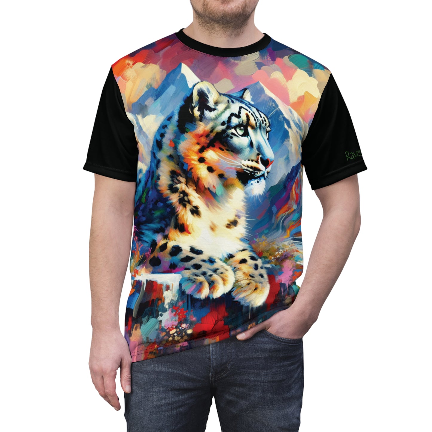 Himalayan Snow Leopard Vibrant Art Tee | Colorful Unisex Cut & Sew T-Shirt, Wildlife Apparel, Unique Graphic Tee, Birthday Gift