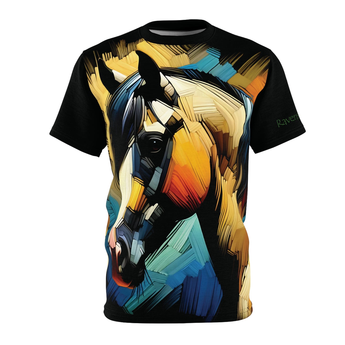 T-shirt with a colorful horse design on a white background